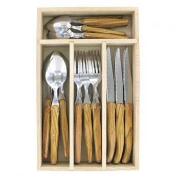 André Verdier Laguiole Debutant Cutlery Tray Set of 24 Olive Wood