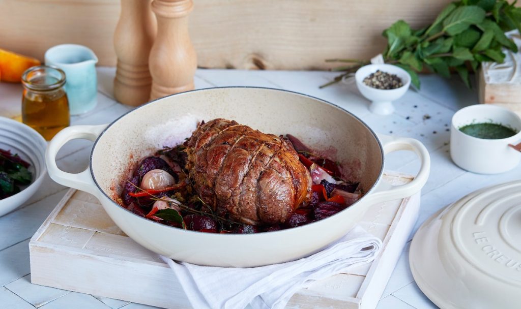 roast_stuffed_leg_lamb_honey_sauce