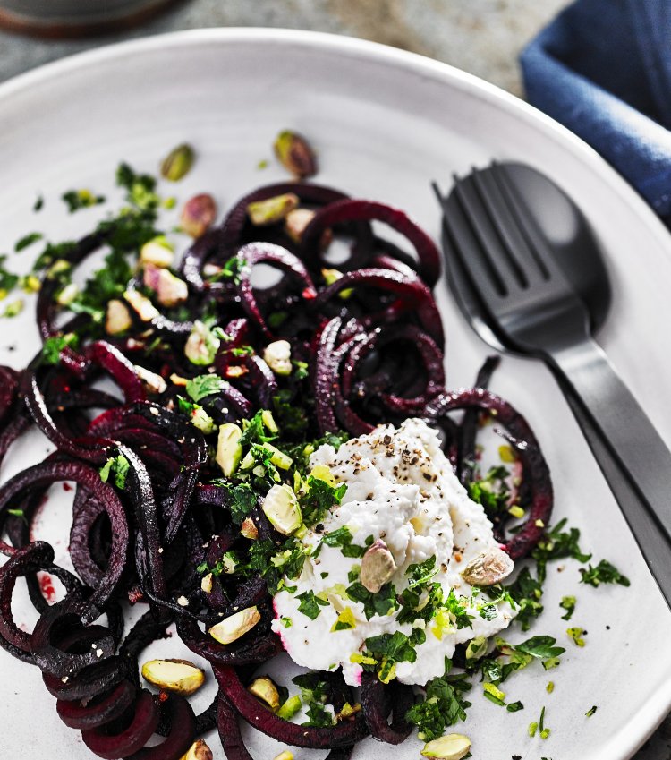 SPIRALIZED FRESH BEETROOT NOODLES WITH RICOTTA AND PARSLEY PESTO