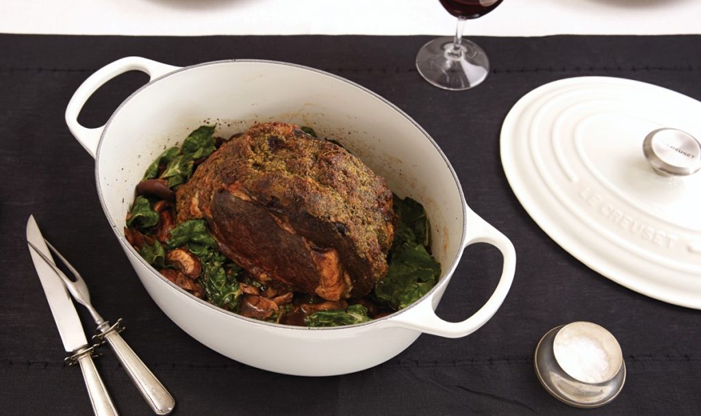 Herb Crusted Rib Roast with Gourmet Mushrooms & Wilted Greens in Balsamic Pan Jus