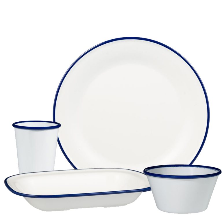 Ryner Melamine Evoke White with Blue Rim Range