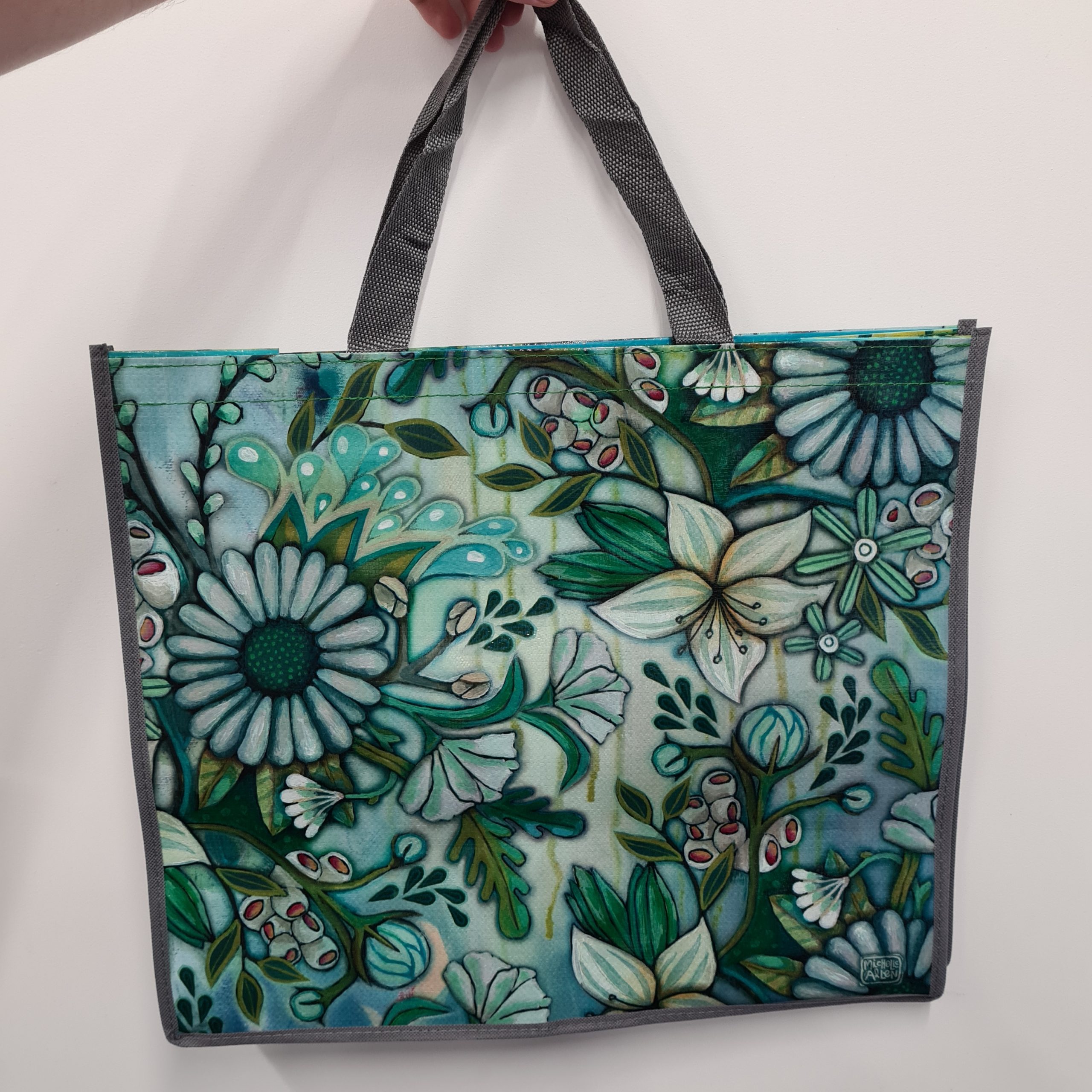 MICHELLE ALLEN Designs TOTE BAG Grocery Shopper Picnic Beach GREEN FLOWER FLORAL