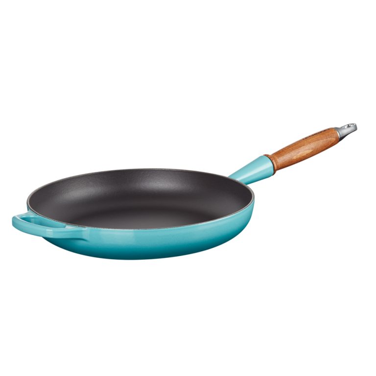 Le Creuset Signature Cast Iron Frying Pan Wooden Handle 28cm Caribbean Blue Angle 1