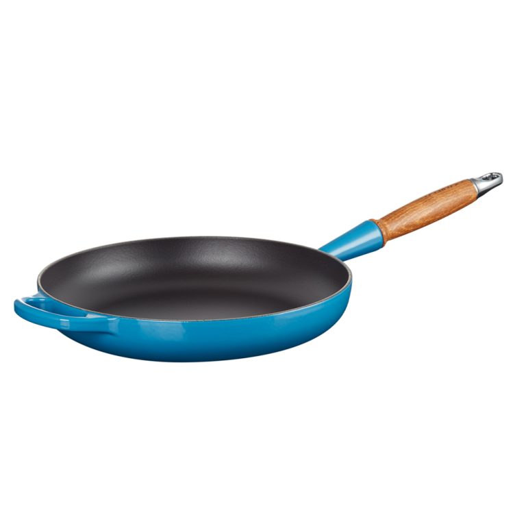 Le Creuset Signature Cast Iron Frying Pan Wooden Handle 28cm Marseille Blue Angle 1