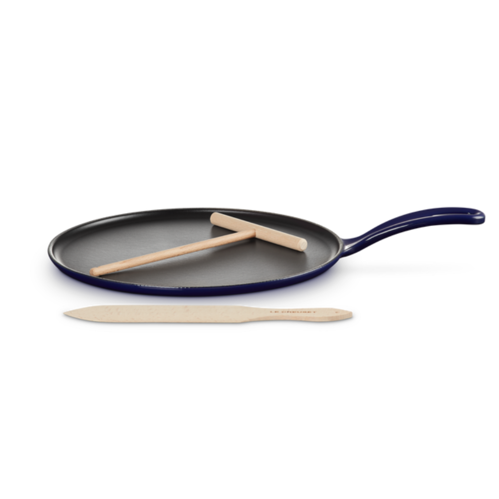 Le Creuset Cast Iron Crepe Pan 27cm Rateau & Spatula Indigo Chef's