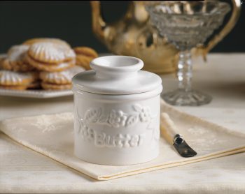 Butter Bell Crock Classic White Raised Floral