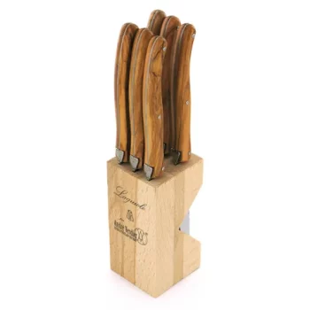 André Verdier Laguiole Debutant Knife Block Set of 6 Olive Wood