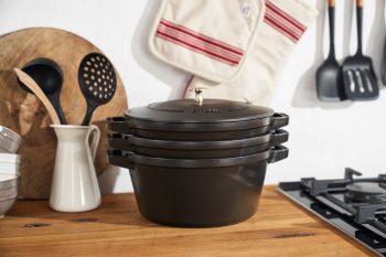 Staub Cast Iron Set 4-PC, Stackable Space-Saving Cookware Set, Dutch Oven  With Universal Lid, Made In France, Matte Black