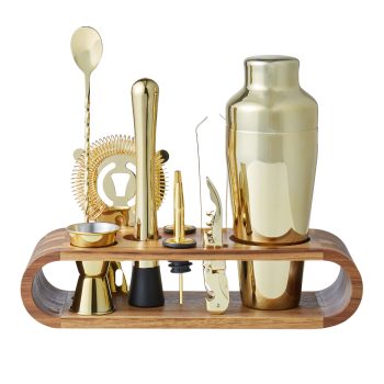 Davis & Waddell Bar Set with Acacia Stand 10 Piece Set