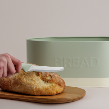 Typhoon Oben Bread Bin with Serrated Bread Knife Cutting bread