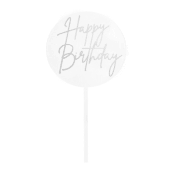 GoBake Acrylic Small Round Cake Topper Happy Birthday Silver
