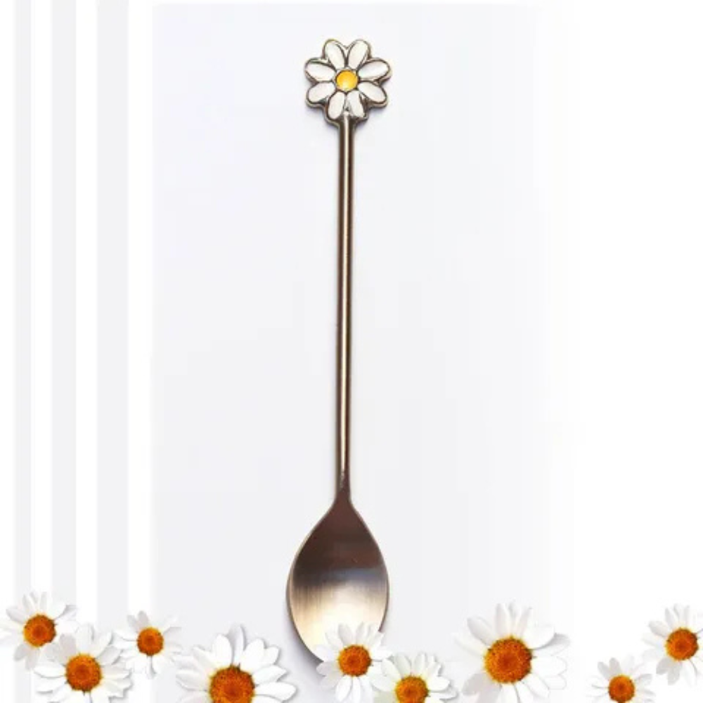 White Daisy teaspoon, brushed gold