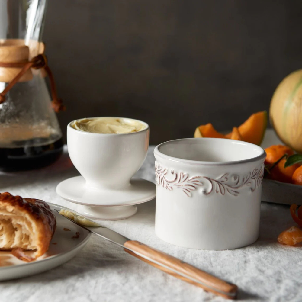 White Linen Antique Butter Bell Crock (1)