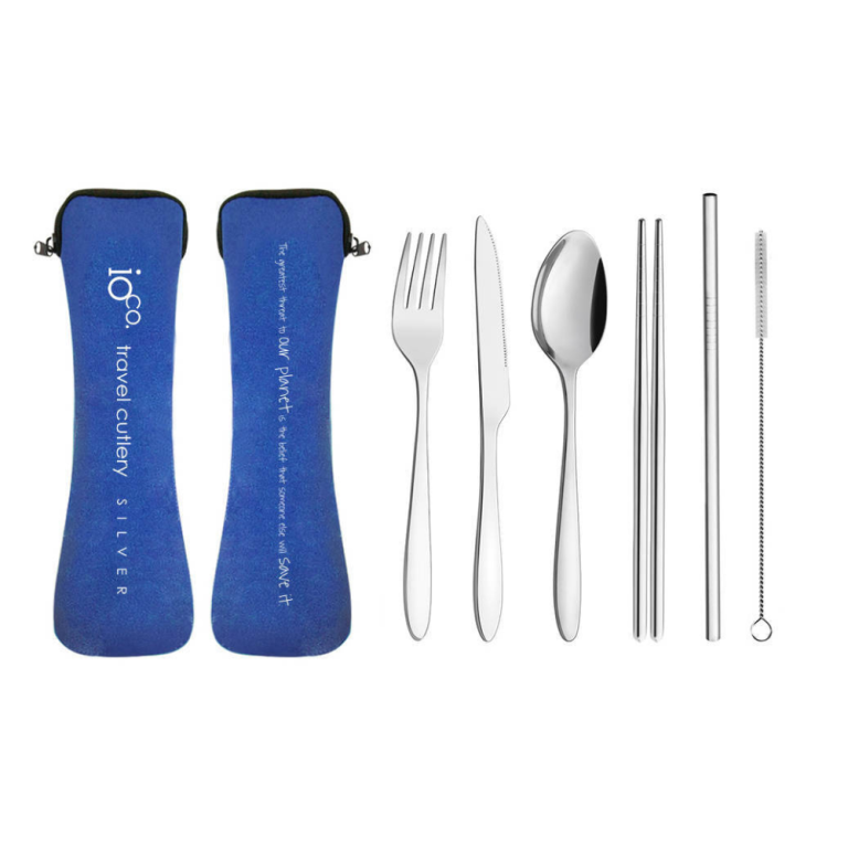 IOco re-use Stainless Steel Travel Cutlery Set of 6 Silver Cutlery Navy Case