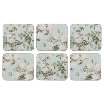 Six elegant rose mint rectangular coasters on a white background.