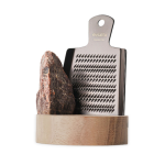 Rivsalt Rock and Salt Grater on Walnut stand with a white background and a rock of salt.