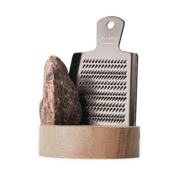 Rivsalt Rock and Salt Grater on Walnut stand with a white background and a rock of salt.