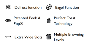 All functions for the Dualit 2 Slice Lite including; defrost, bagel, Peek & Pop, Perfect toast technology, extra wide slot, multiple browning levels.