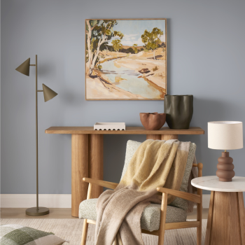 Lifestyle image of the cream square tray in a living room