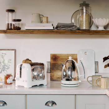 Lifestyle image of Dualit Lite on Bench in a white based kitchen.