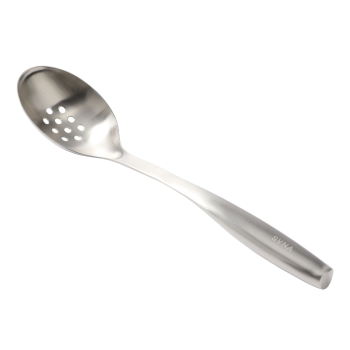 Clear cut slotted spoon with 10 holes on a white background