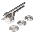 clear cut stainless steel potato ricer with all parts laid out on white background