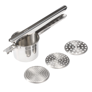 clear cut stainless steel potato ricer with all parts laid out on white background