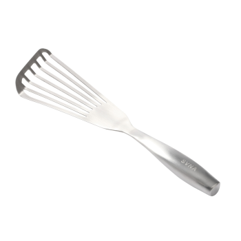 Clear cut stainless steel fish turner with white bacground