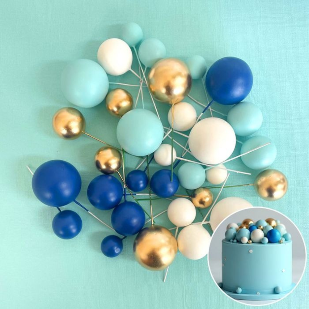 Cake-Craft-Deco-Foam-Ball-Topper-BLue-White-Gold