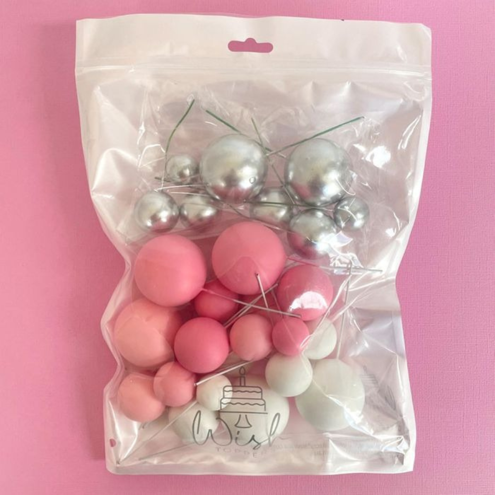 Cake-Craft-Deco-Foam-Ball-Topper-Pink-White-Silver