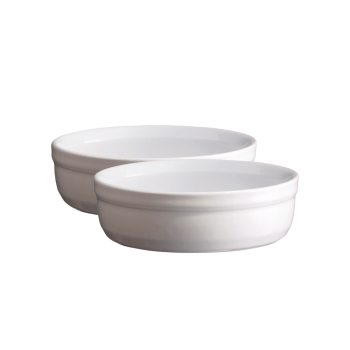 Two Emile Henry Crème Brûlée Ramekin 13cm Pack of 2 on a white background.