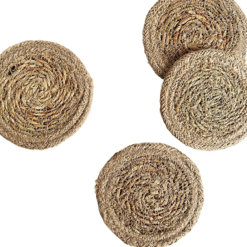 Seagrass/Jute Natural Border Coaster scattered on a white background.