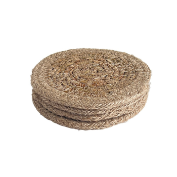 Seagrass/Jute Natural Border Coaster set stacked on a white background.