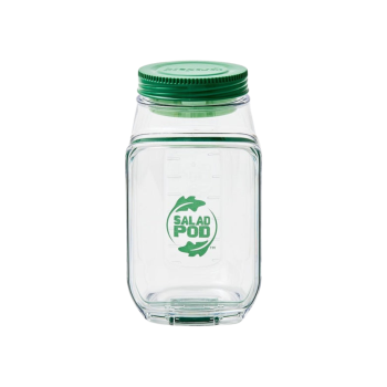 Prepara Salad Pod on a white background. Clear Jar with green lid.