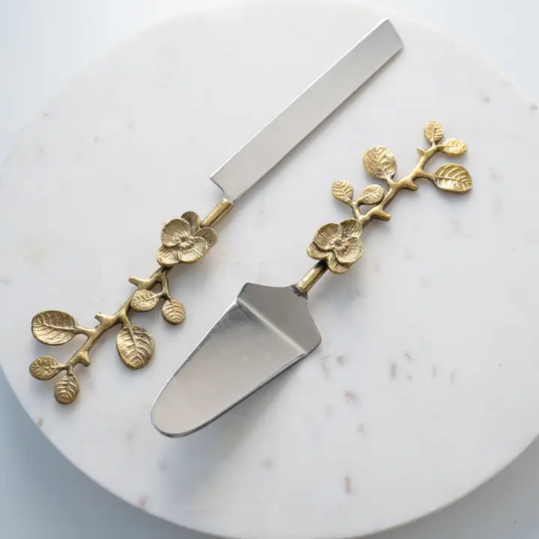 Aluminum & Gold Floral Handle Cake Servers Set of 2