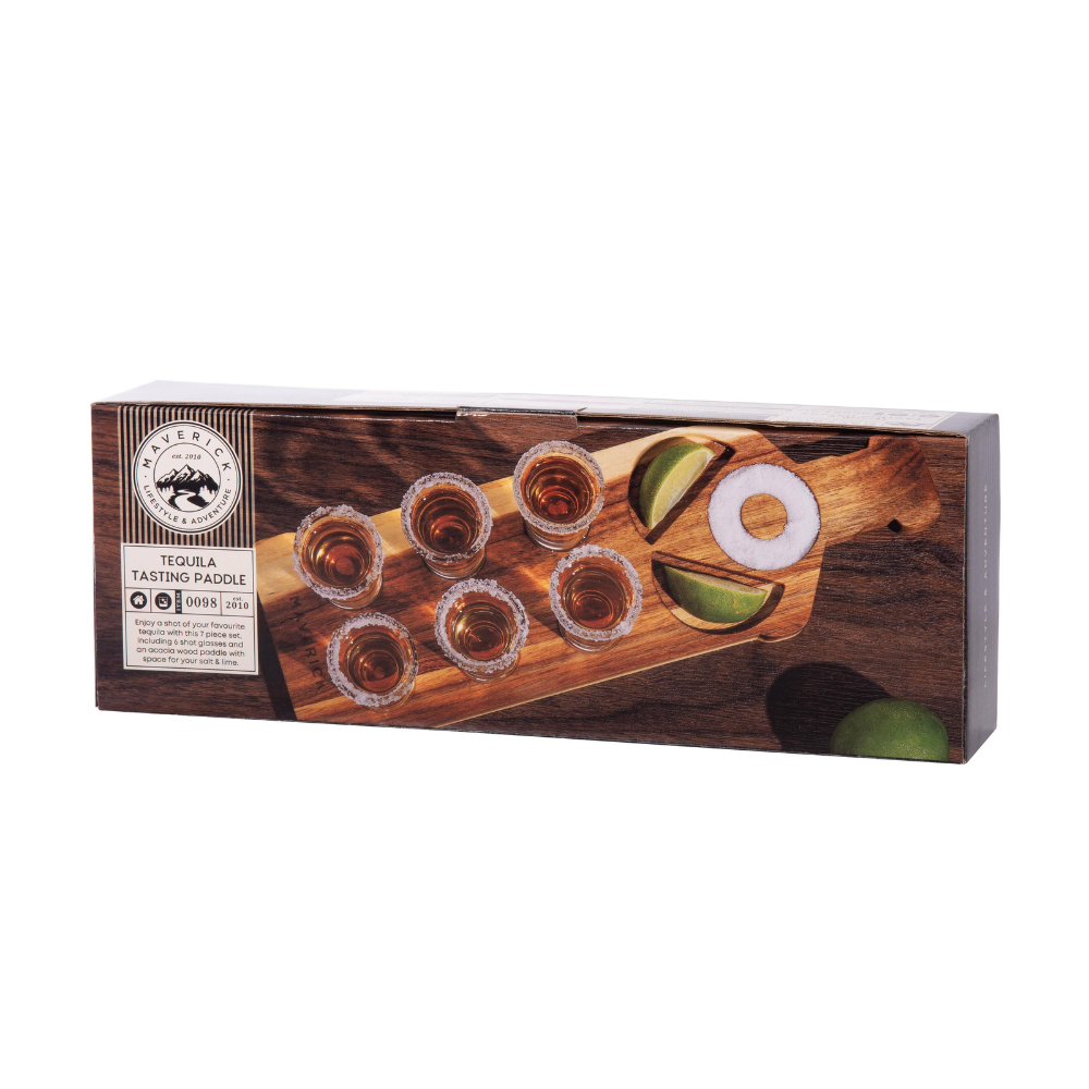 Maverick Tequila Tasting Paddle and Shot Glass Set