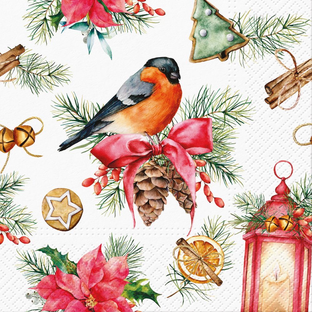 61733 PAW Decor Lunch Napkins 33cm Bullfinch with Lampion Pack of 20