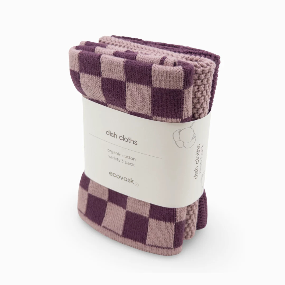 Ecovask Dishcloth Variety 3pk Grape Orchid Chequer (1)