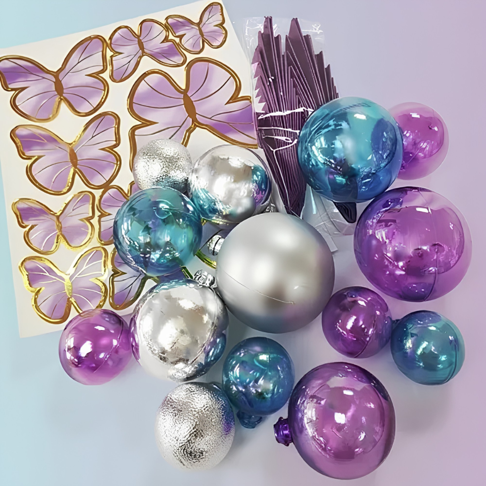 Cake Craft Wish Ball & Fan Decoration 27 Pack Butterfly Blue, Purple, Silver