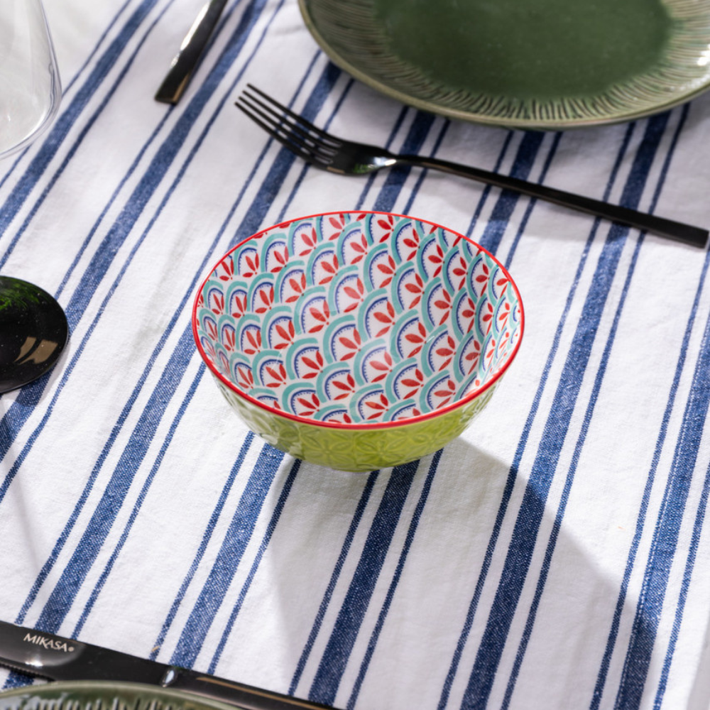 Mikasa Stoneware Nibble Bowl Green & Blue Geometric 12cm (5)