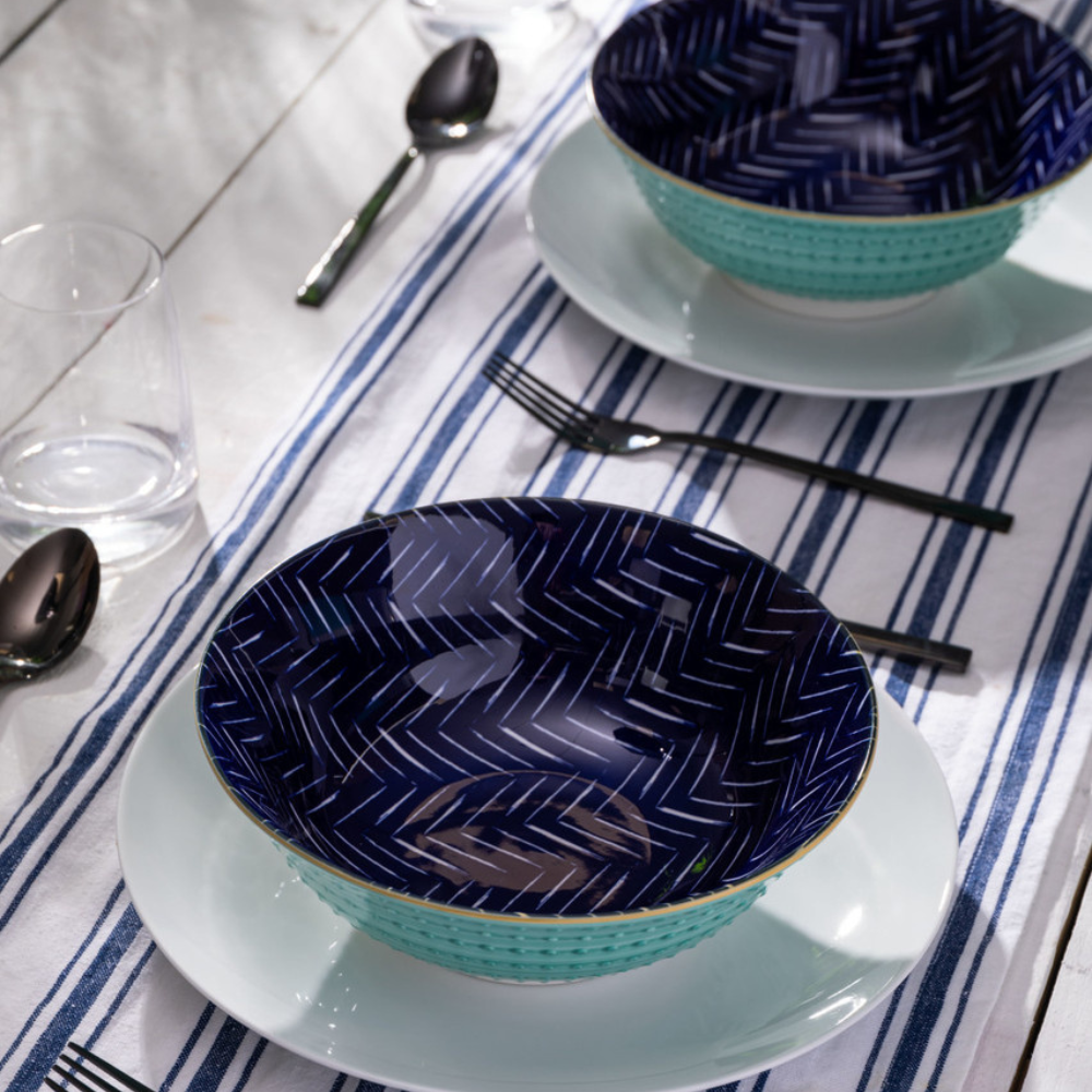 Mikasa Stoneware Ramen Bowl Chevron Indigo 21cm (4)