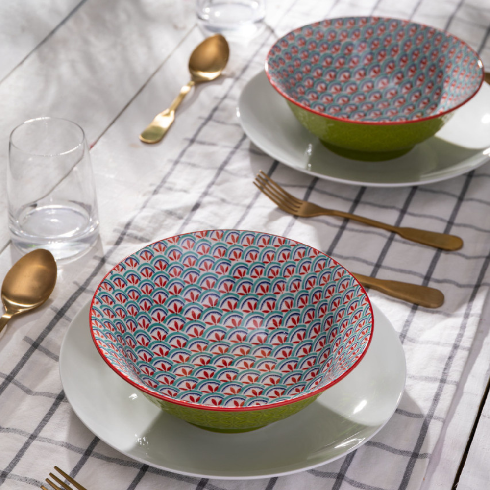 Mikasa Stoneware Ramen Bowl Green & Blue Geometric 21cm (4)