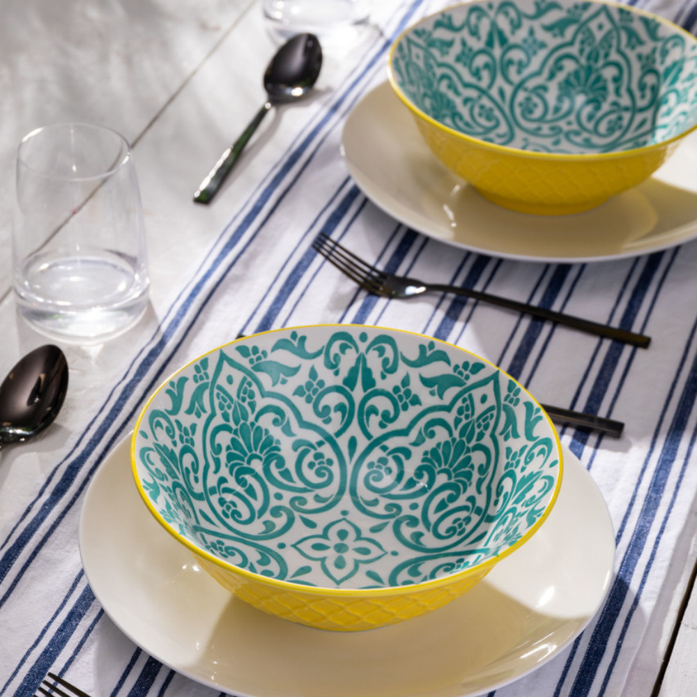 Mikasa Stoneware Ramen Bowl Yellow & Blue Geometric 21cm (4)