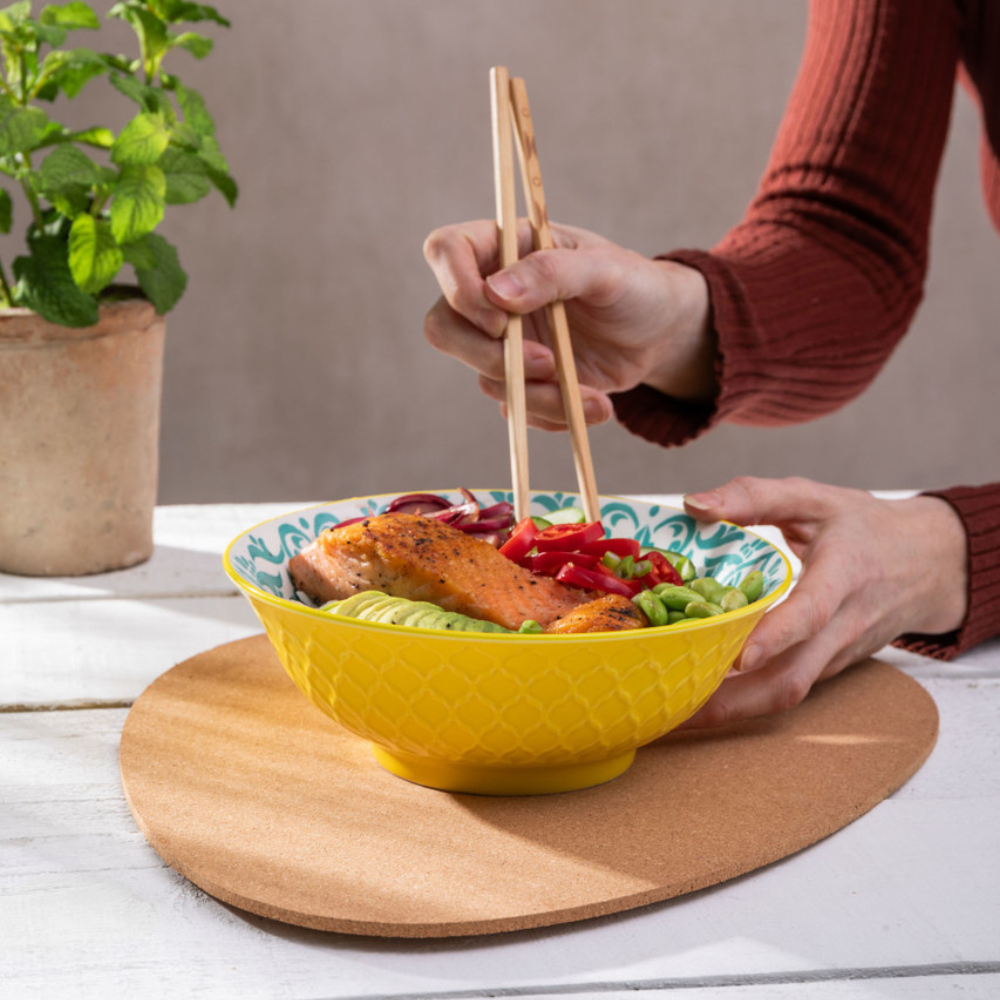 Mikasa Stoneware Ramen Bowl Yellow & Blue Geometric 21cm (6)